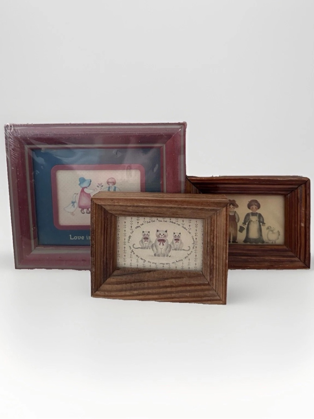 3 Mini 1980s Country Framed Print cats farmer & wife Wood Frame Farmhouse